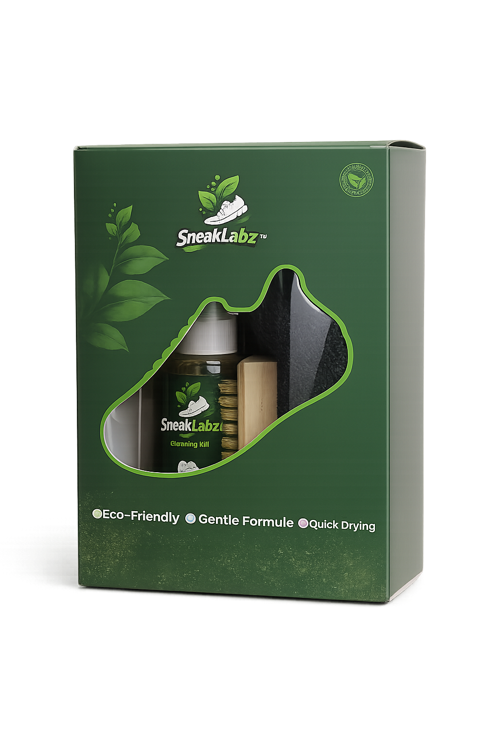 SneakLabz shoe cleaning kit box with foam cleaner, horsehair brush and microfiber cloth